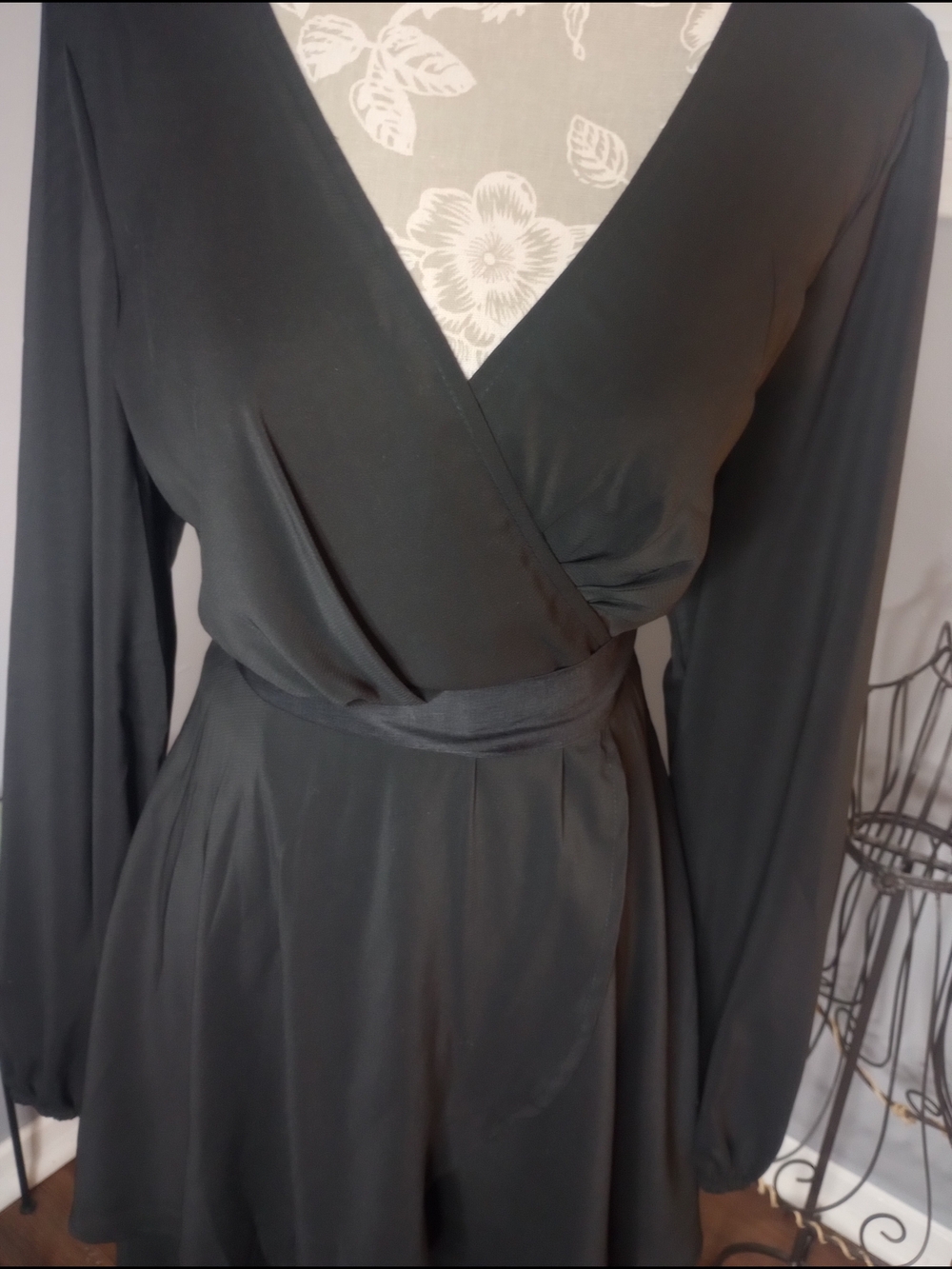 Women's Black Long Sleeve Wrap Dress - Classic Elegant Style - Picture 5 of 7